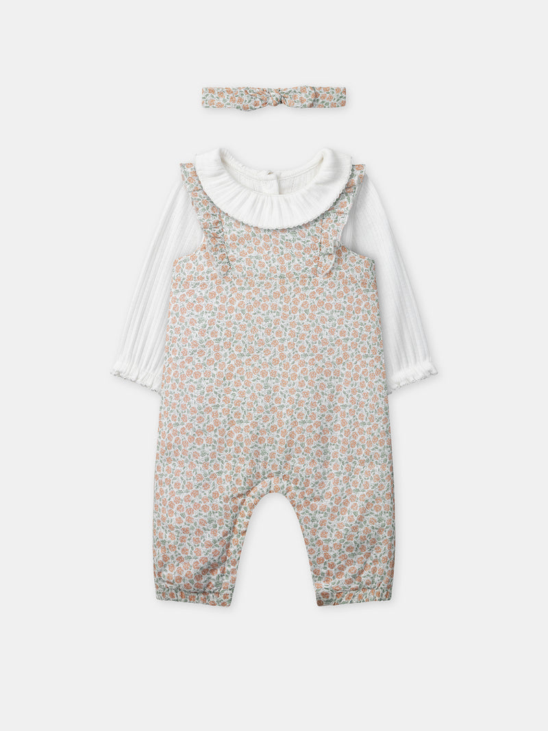 Ensemble combinaison imprimé fleuri + body + bandeau Naissance Fille