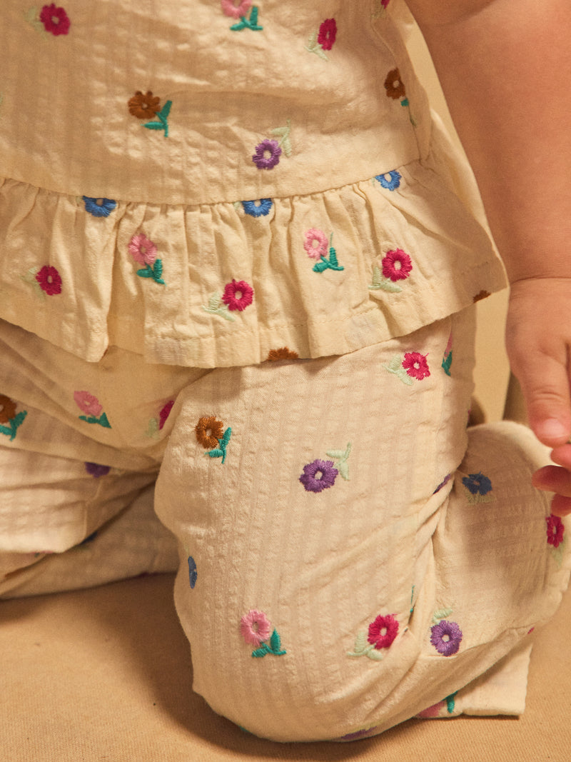 Pantalon écru à broderies fleurs Bébé Fille