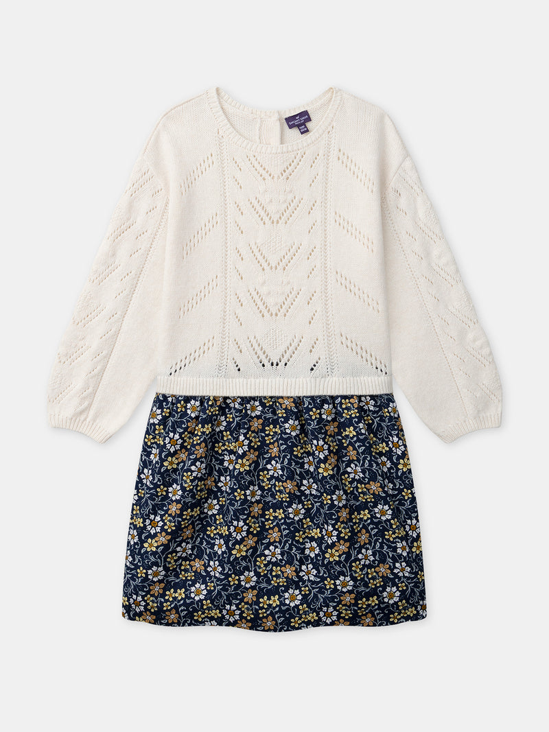 Zweifarbiges Ecru-Kleid mit Blumenmuster für Mädchen