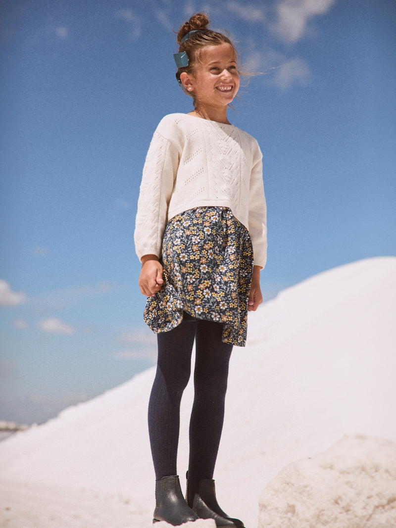 Zweifarbiges Ecru-Kleid mit Blumenmuster für Mädchen