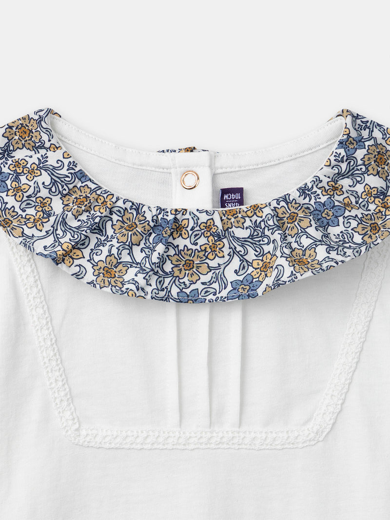 Weißes T-Shirt mit Blumenkragen und langen Ärmeln für Mädchen