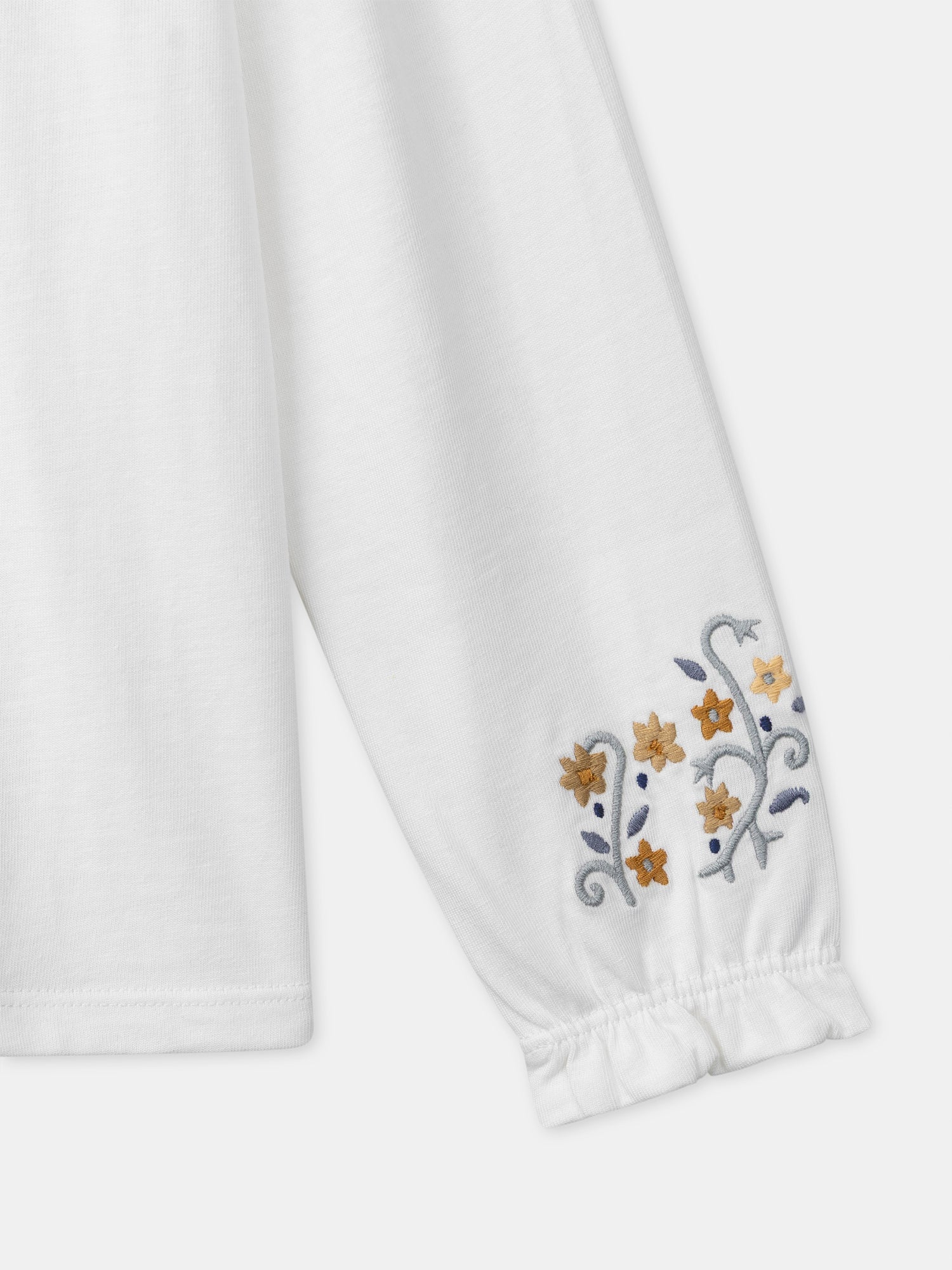 T-shirt blanc à col imprimé fleuri et manches longues Fille