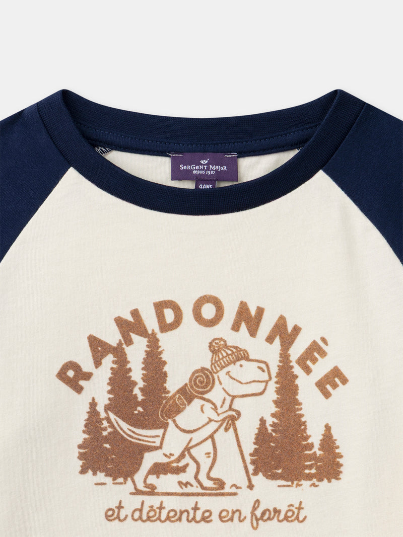 Langarm-T-Shirt blau und elfenbein mit Dinosaurierdruck für Jungen