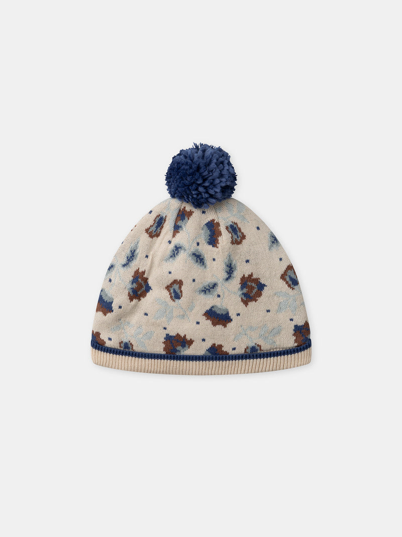 Bonnet beige en maille à motif fleurs avec pompom Fille