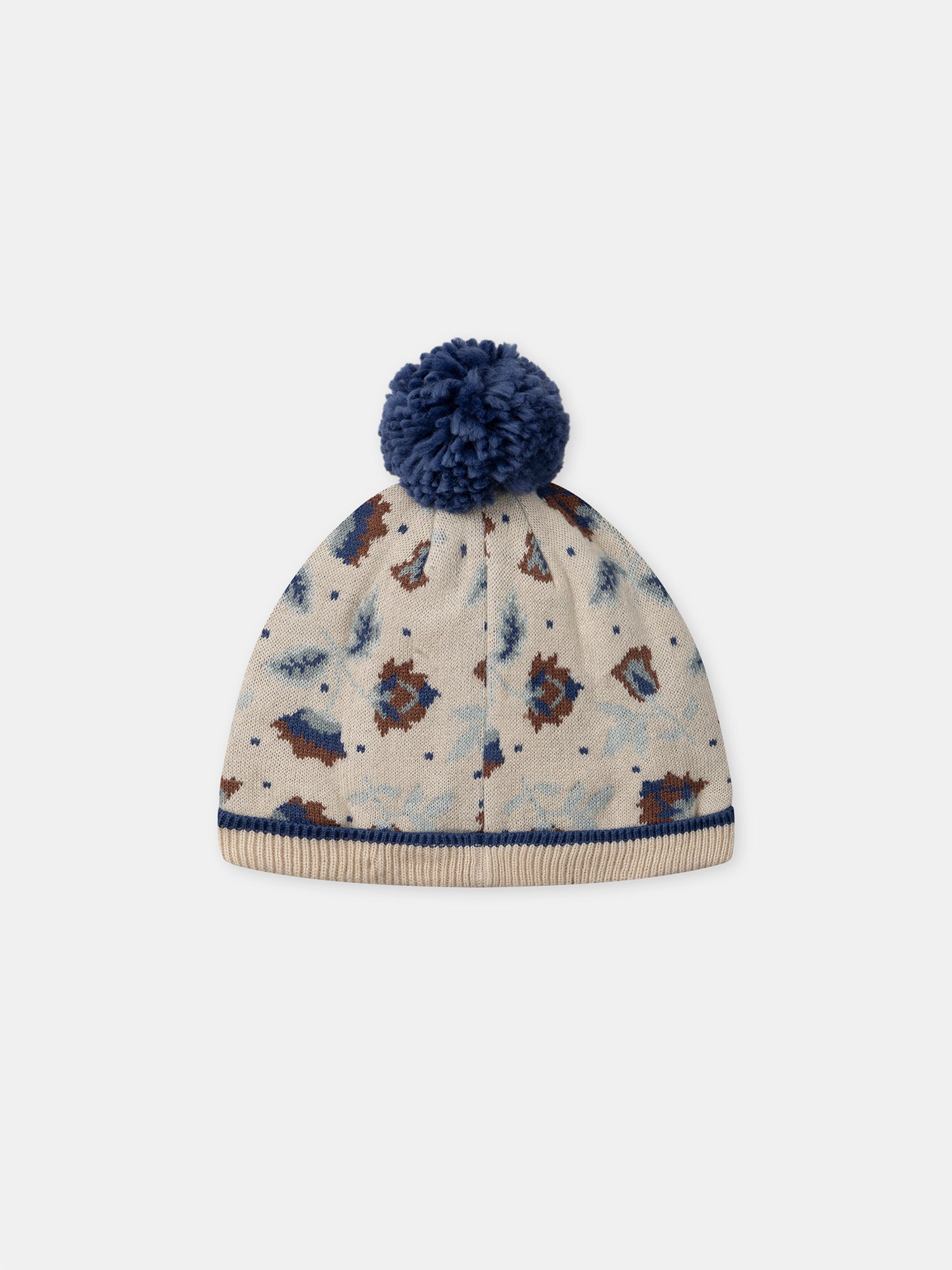 Bonnet beige en maille à motif fleurs avec pompom Fille