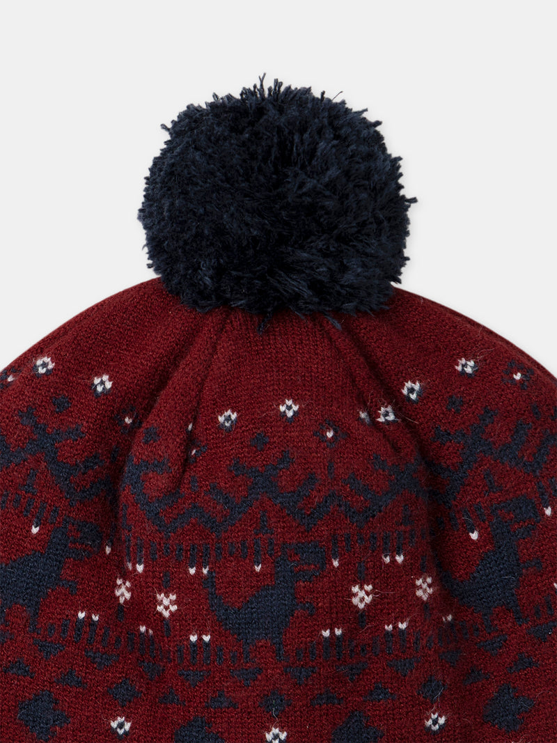 Bordeaux-Mütze mit Dinosaurier-Muster und Pompon für Jungen