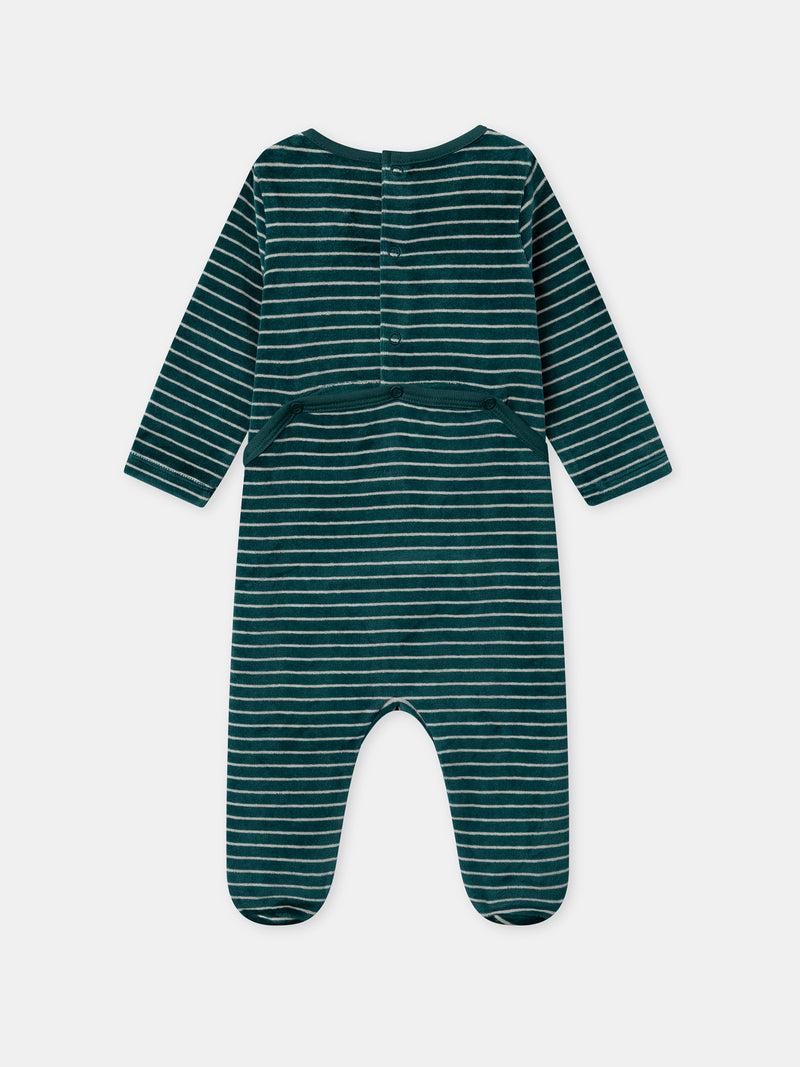 Grüne Velours-Schlafanzug mit Streifen und Pilzstickerei für Baby Jungen