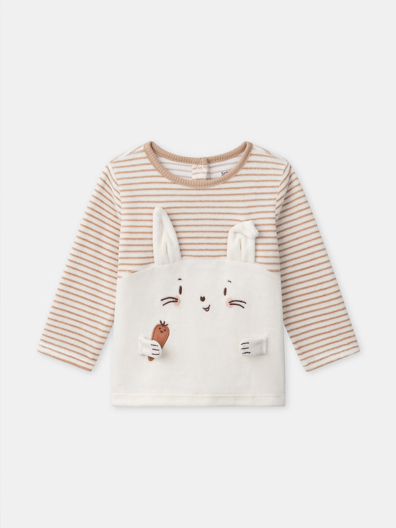 Cremefarbener Pyjama mit Streifen und Hase für Jungen