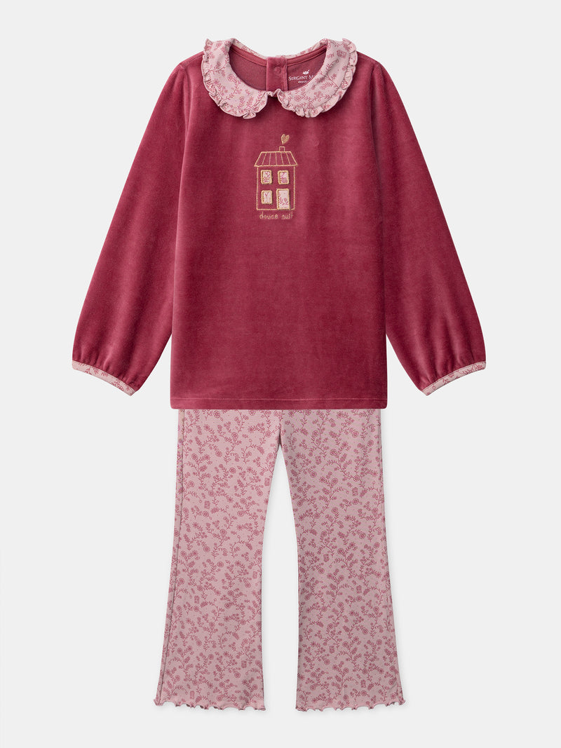Dunkelrosa Velours-Pyjama mit floralem Druck für Mädchen