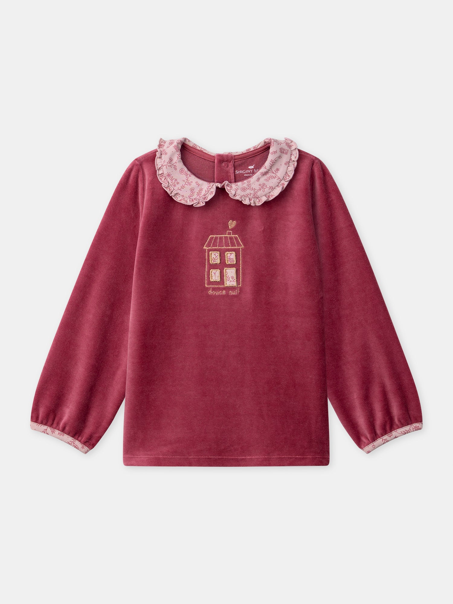 Dunkelrosa Velours-Pyjama mit floralem Druck für Mädchen