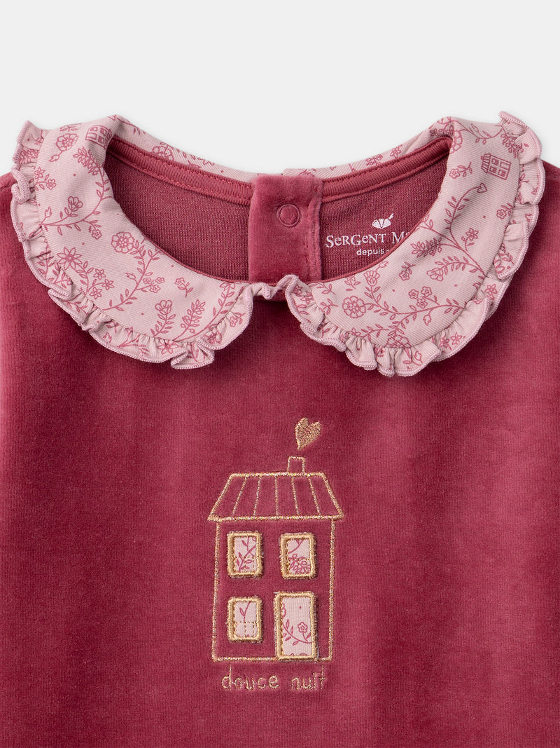 Dunkelrosa Velours-Pyjama mit floralem Druck für Mädchen