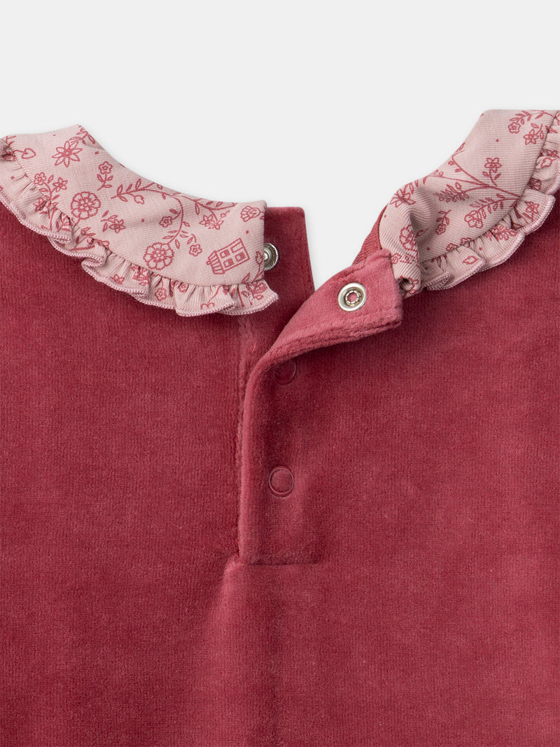 Dunkelrosa Velours-Pyjama mit floralem Druck für Mädchen
