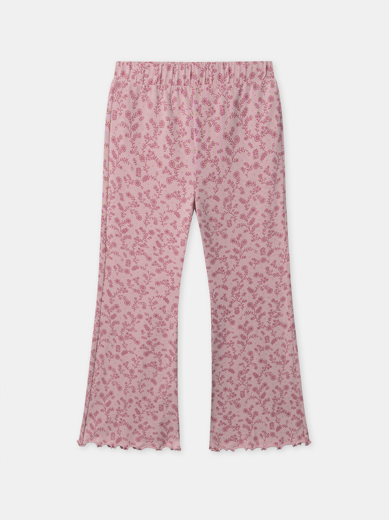 Dunkelrosa Velours-Pyjama mit floralem Druck für Mädchen