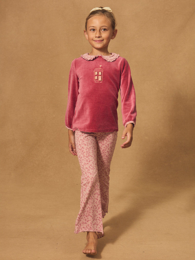 Dunkelrosa Velours-Pyjama mit floralem Druck für Mädchen