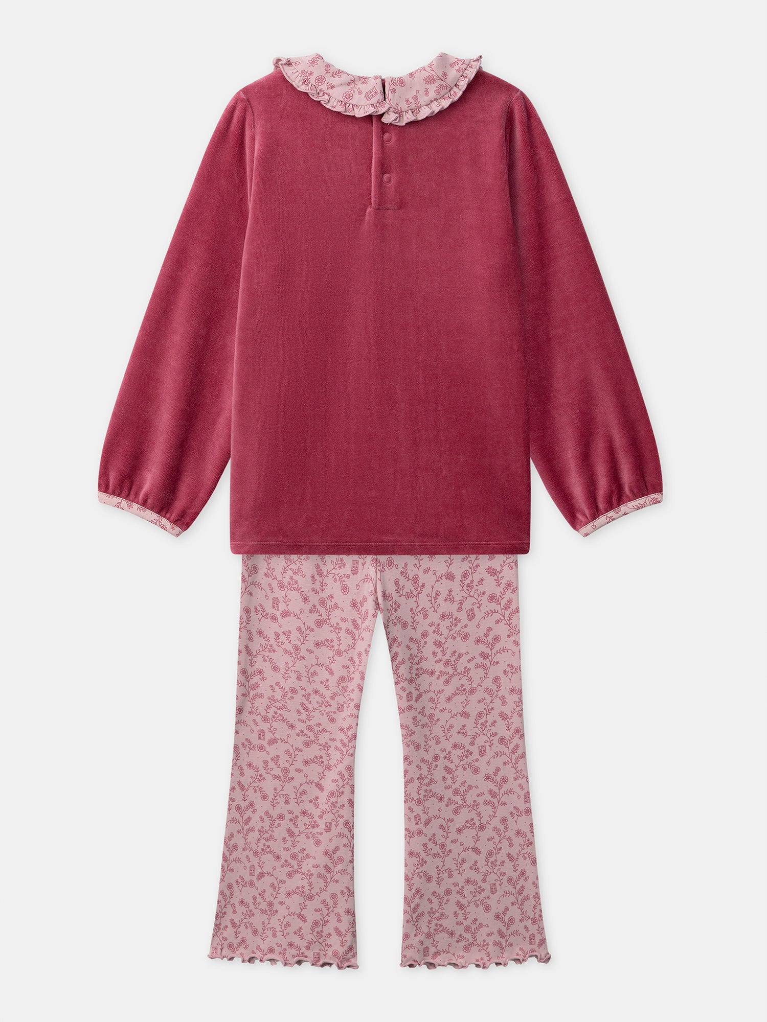 Dunkelrosa Velours-Pyjama mit floralem Druck für Mädchen