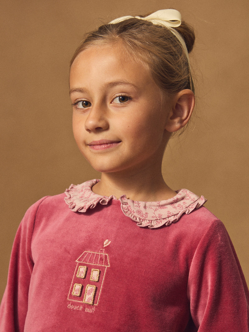 Dunkelrosa Velours-Pyjama mit floralem Druck für Mädchen