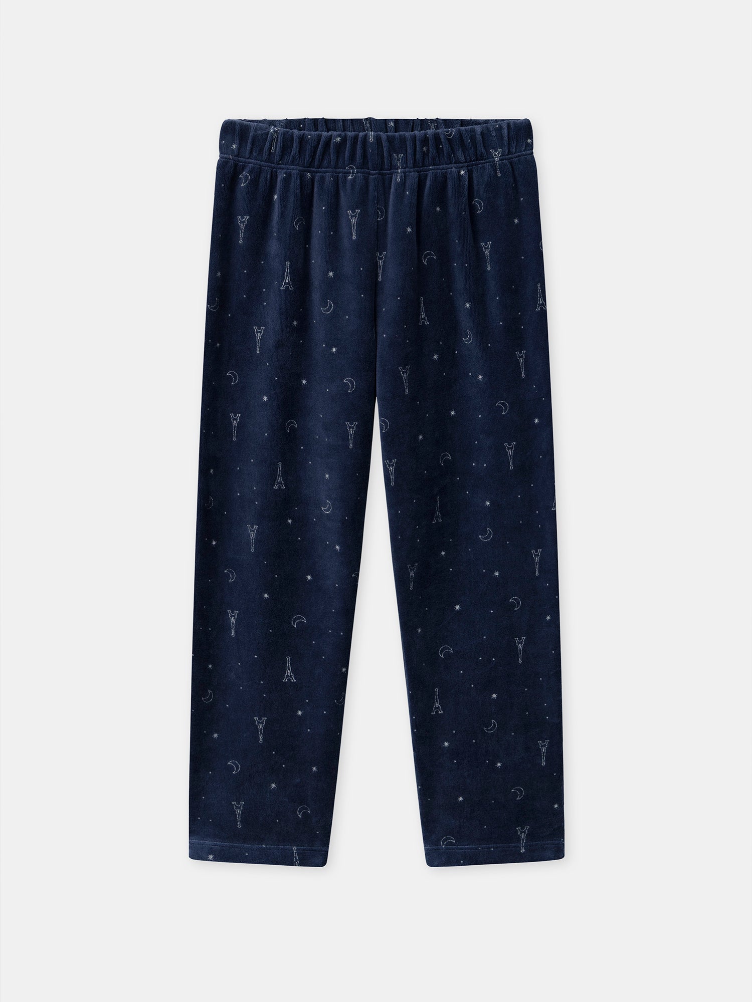 Nachtblauer Samt-Pyjama mit Eiffel-Turm-Print für Mädchen