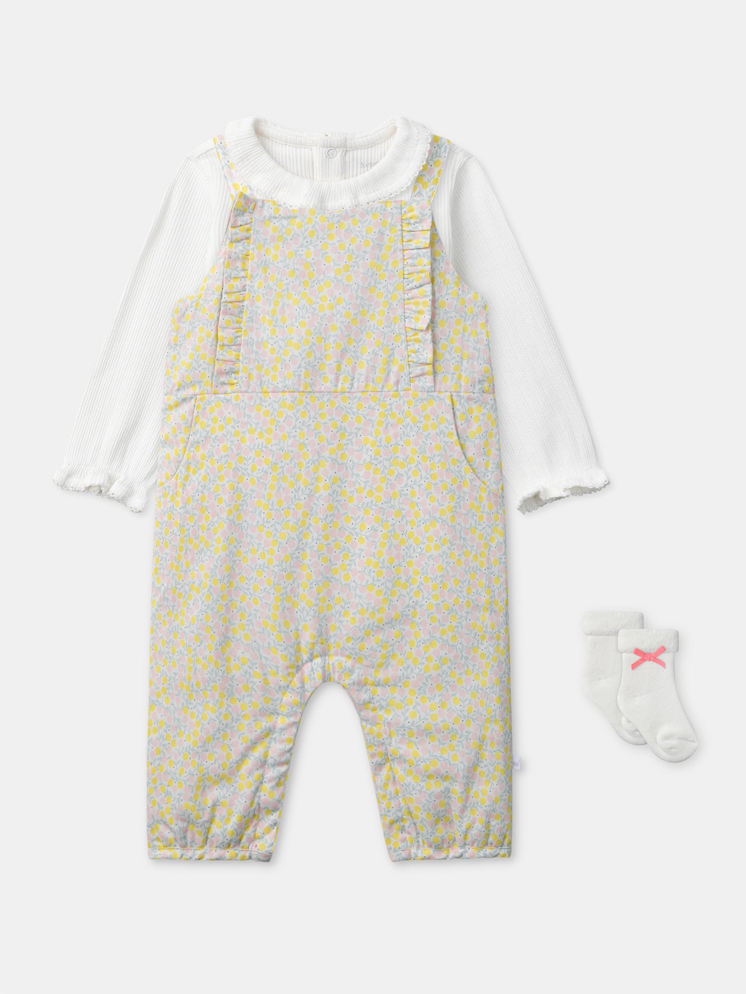 Blumiges Set: Kombi + Ecru Body + Socken mit Schleife Geburts Mädchen