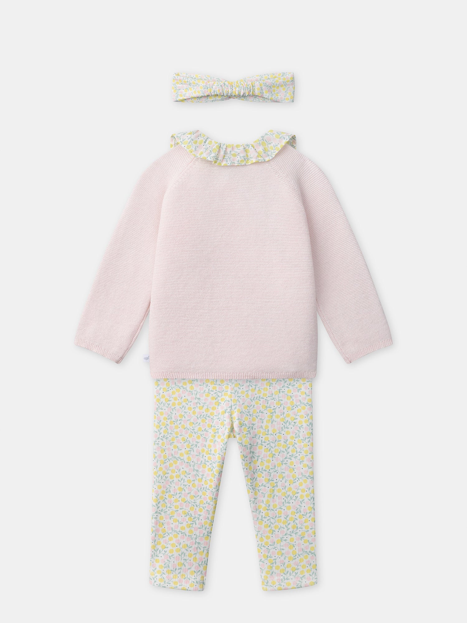 Set rosa Pullover + Blumenshirt + Blumenband für Neugeborenes Mädchen
