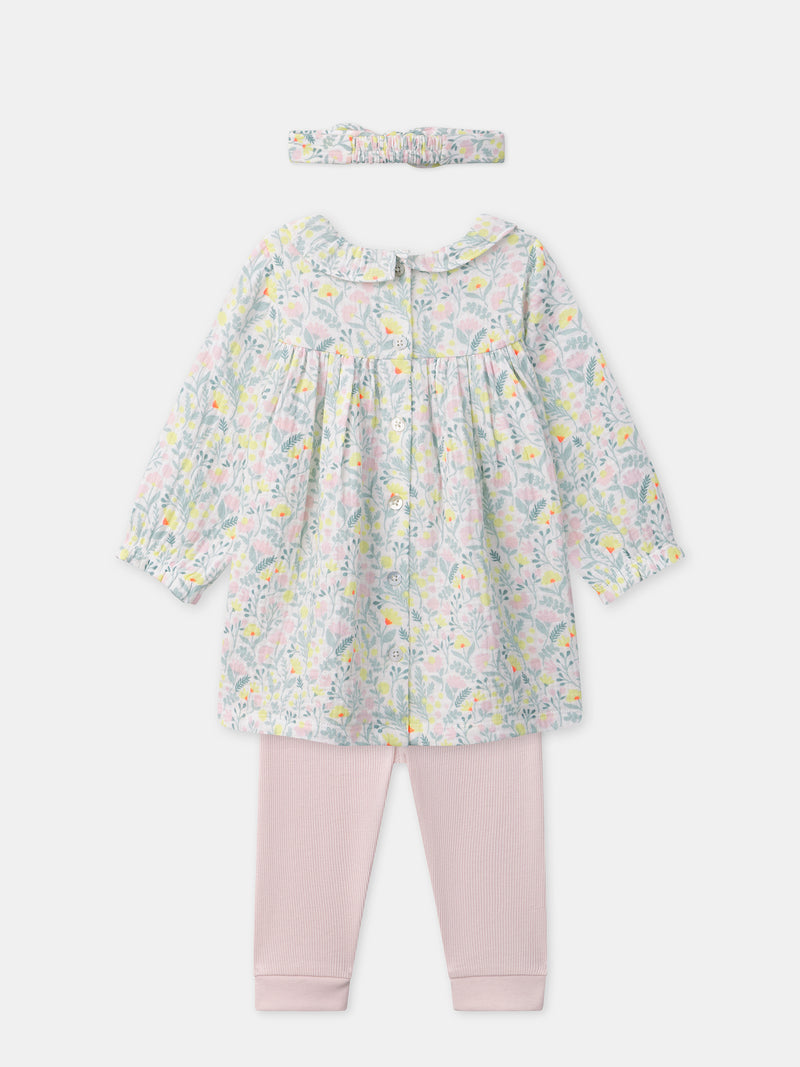 Ensemble robe imprimé fleuri + legging rose + bandeau Naissance Fille
