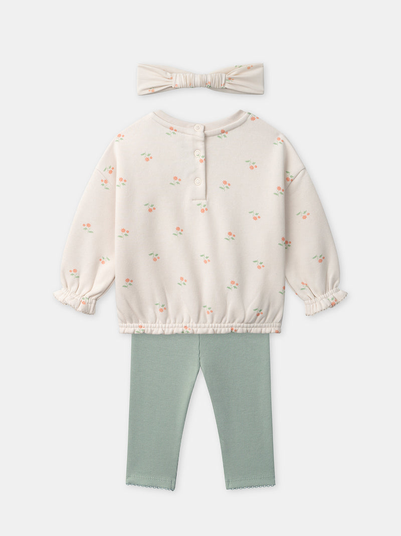 Ensemble sweat écru + legging vert + bandeau Bébé Fille