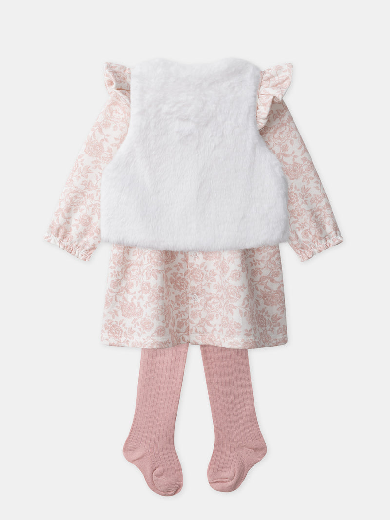 Ensemble robe + gilet + collants Naissance Fille