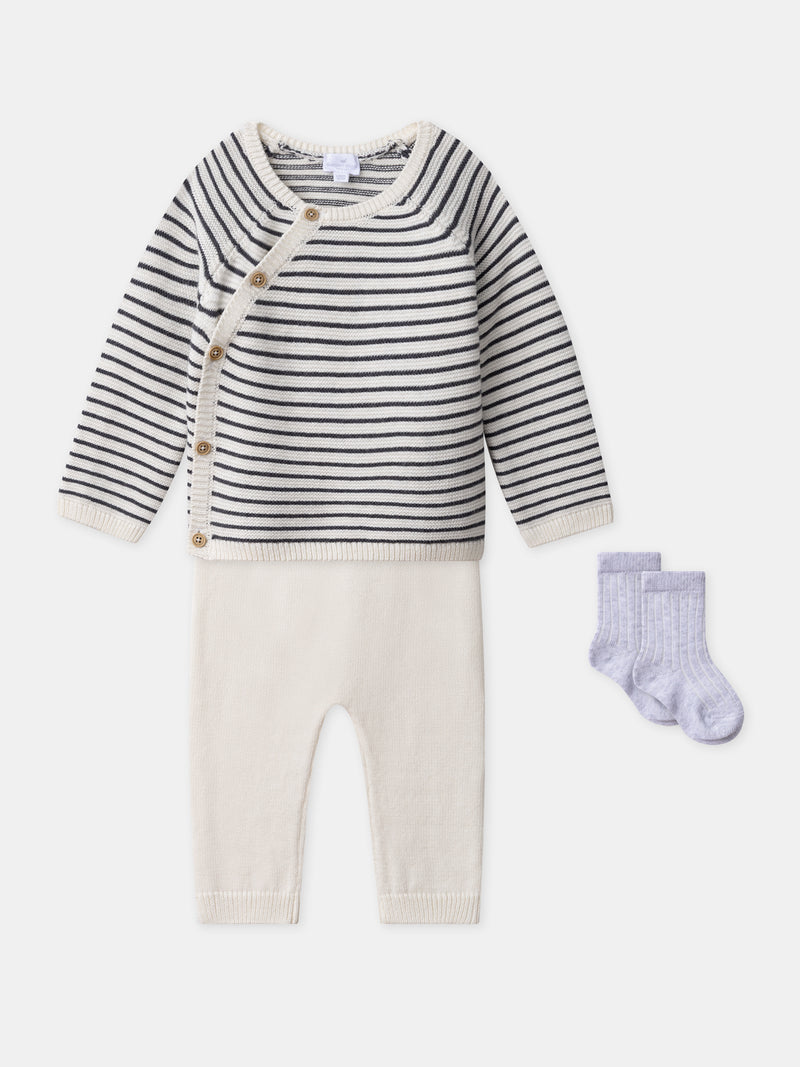 Ensemble tricot brassière + pantalon + chaussettes Naissance Mixte