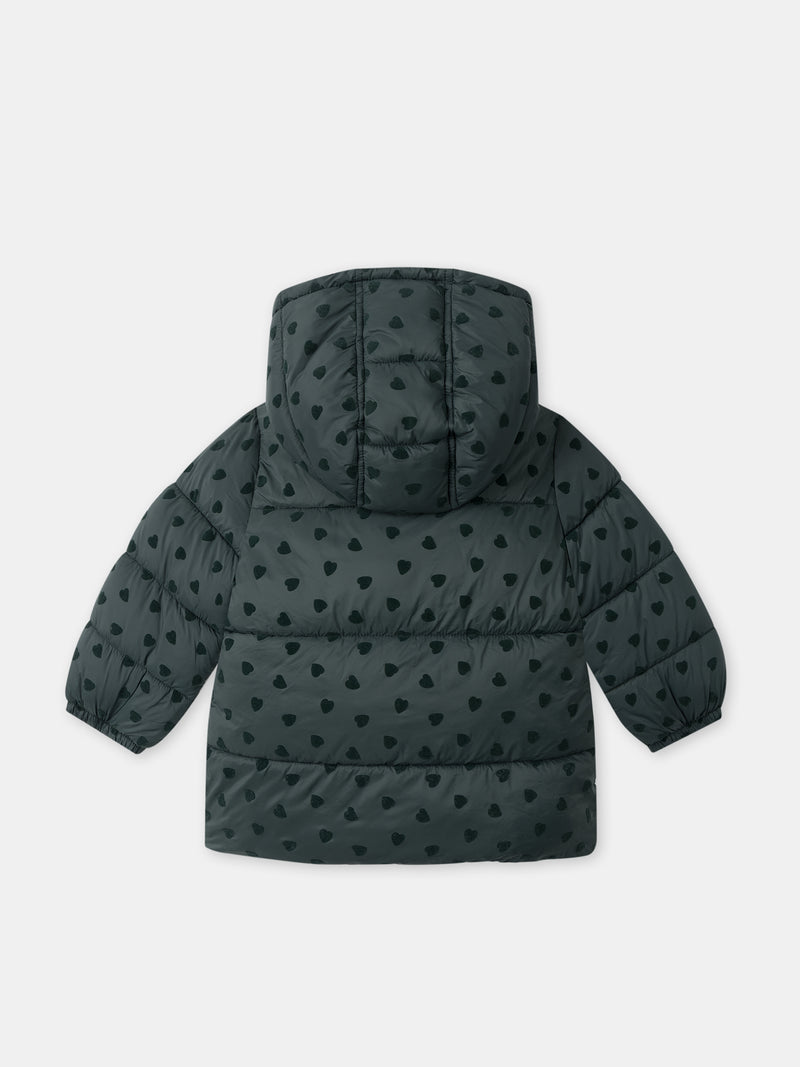 Dunkelgrüne Daunenjacke mit Herzdruck für Baby Mädchen