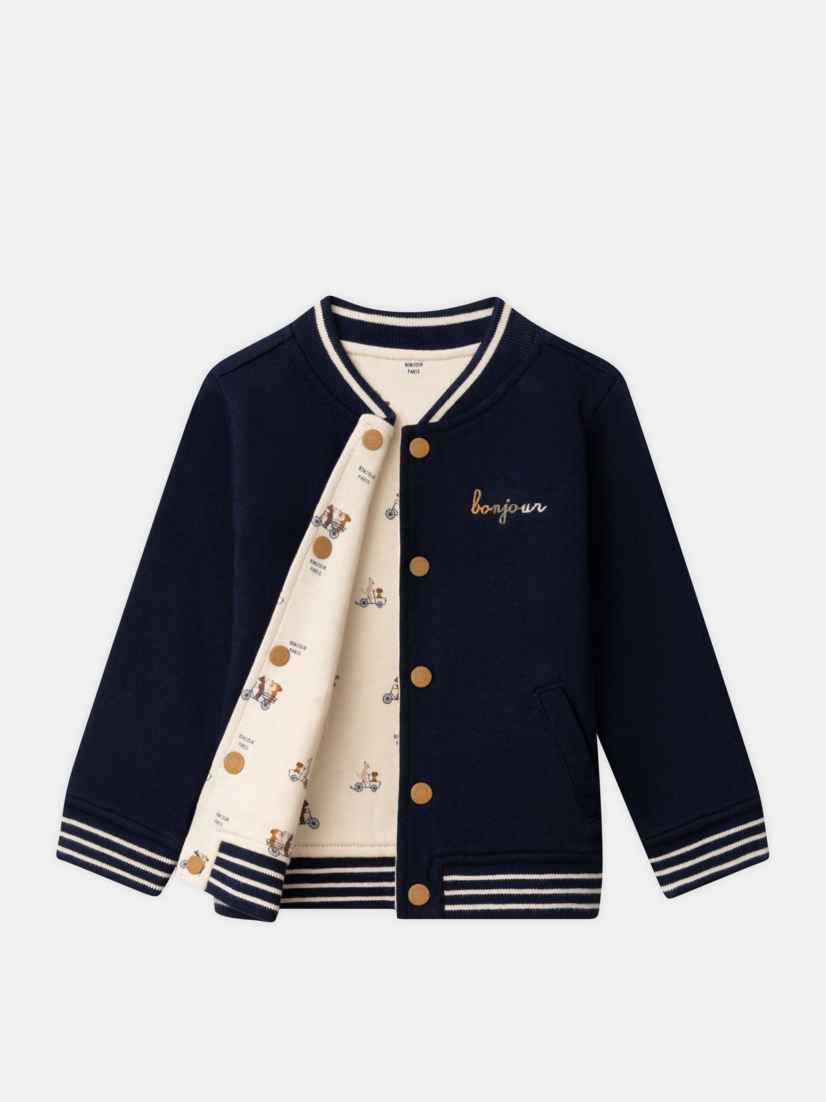 Reversibler Teddy in Marineblau oder Elfenbein mit Hundemuster für Baby Jungen