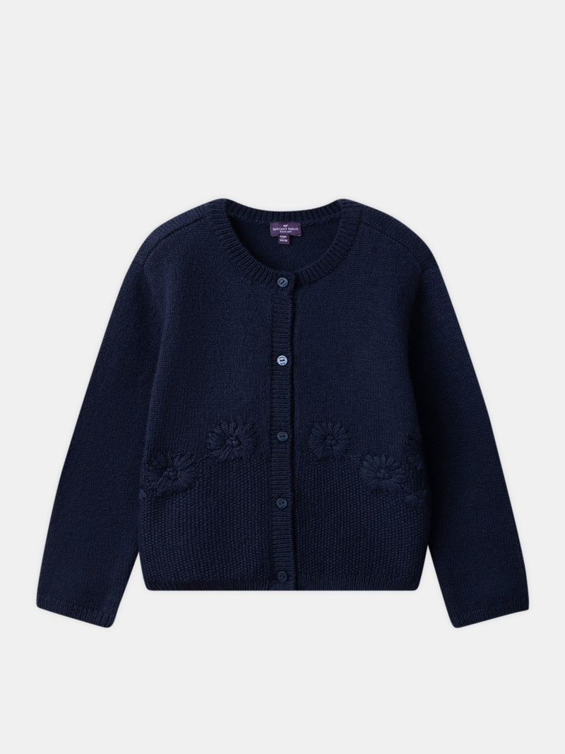 Marineblauer Cardigan mit Margeritenstickerei für Mädchen