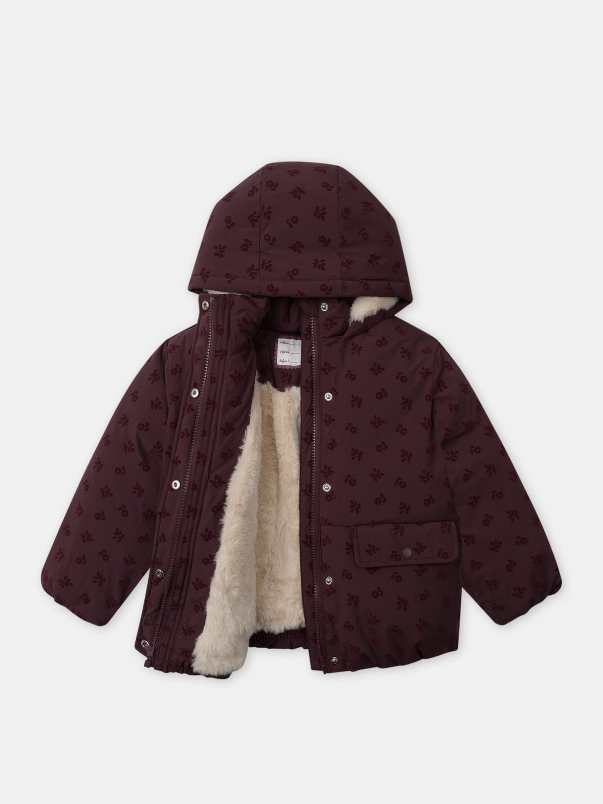 Doppelpufferjacke in bordeaux mit floralem Druck für Mädchen