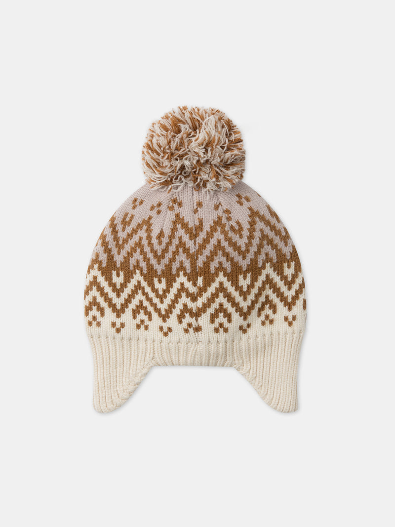 Ohrenmütze mit Pompon in Elfenbein und Beige für Mädchen