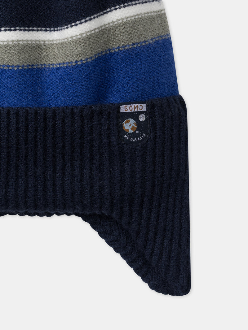 Mütze mit Ohrenschutz in blauen, grünen und ecru Streifen für Jungen
