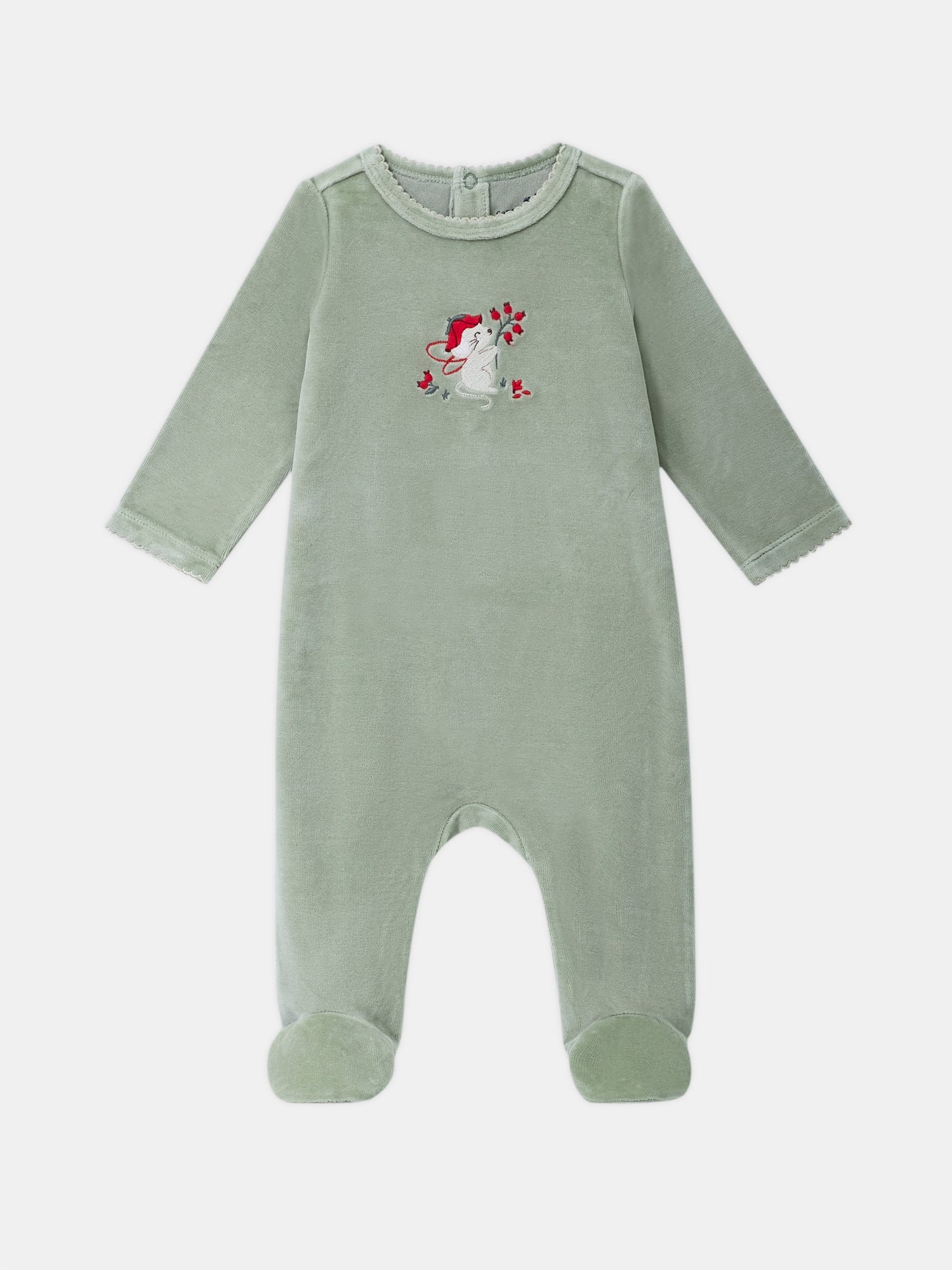 Fleece-Einteiler-in-Salbeigrün-mit-Maus-und-Früchte-Stickerei-Baby-Mädchen