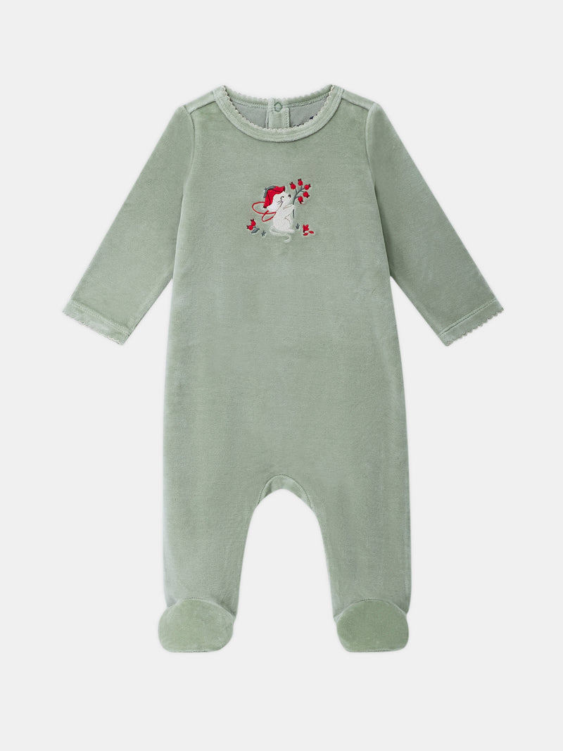 Fleece-Einteiler-in-Salbeigrün-mit-Maus-und-Früchte-Stickerei-Baby-Mädchen
