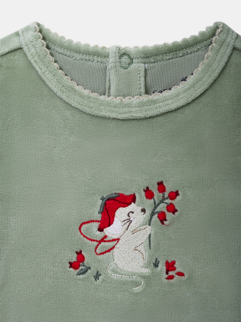 Fleece-Einteiler-in-Salbeigrün-mit-Maus-und-Früchte-Stickerei-Baby-Mädchen