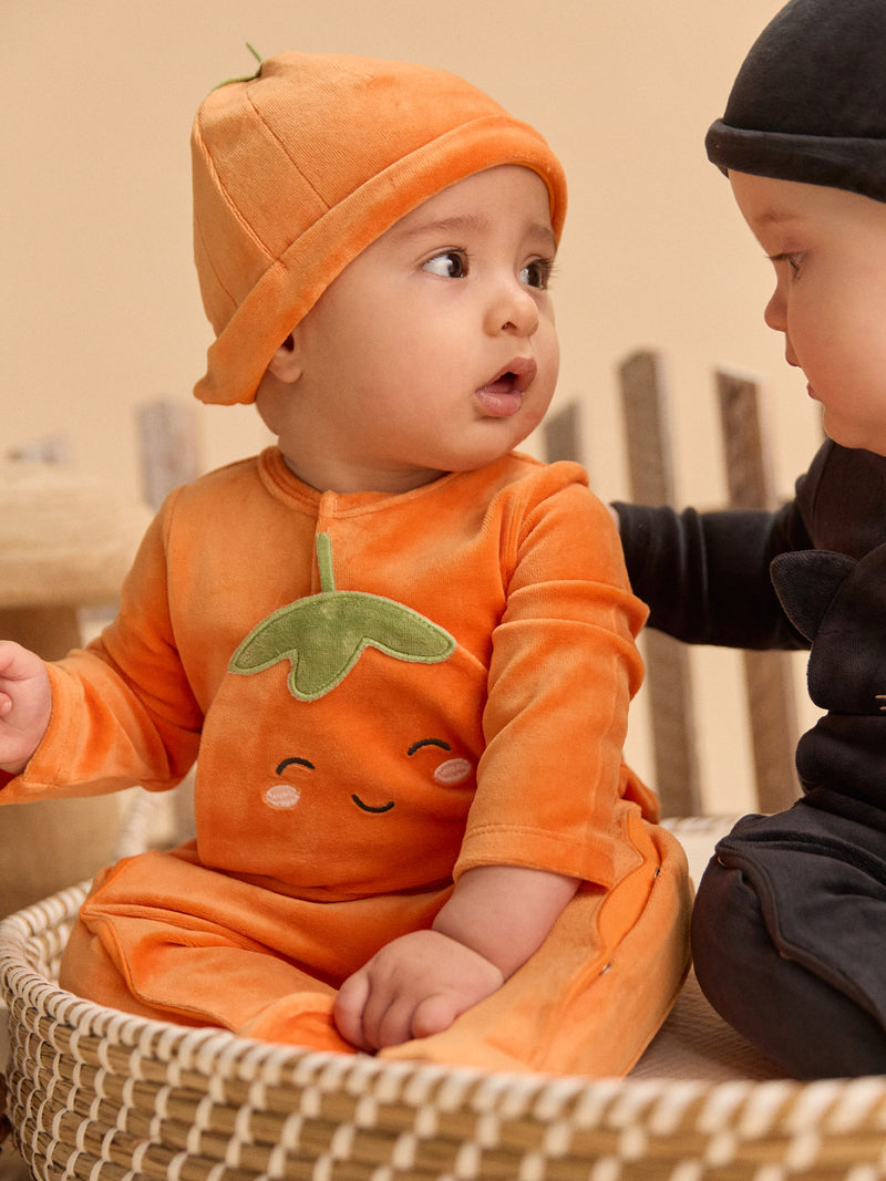 Grenouillère orange citrouille en velours + bonnet Bébé Garçon