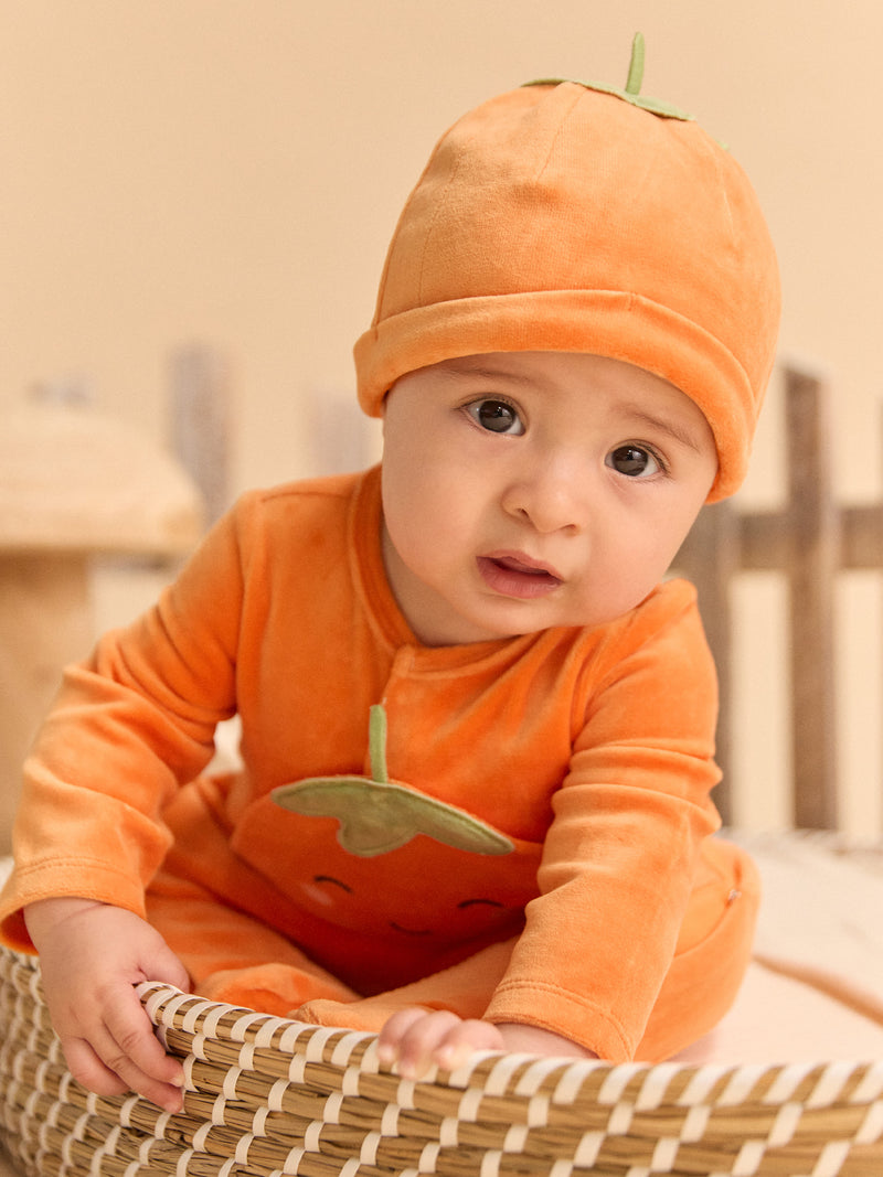 Grenouillère orange citrouille en velours + bonnet Bébé Garçon