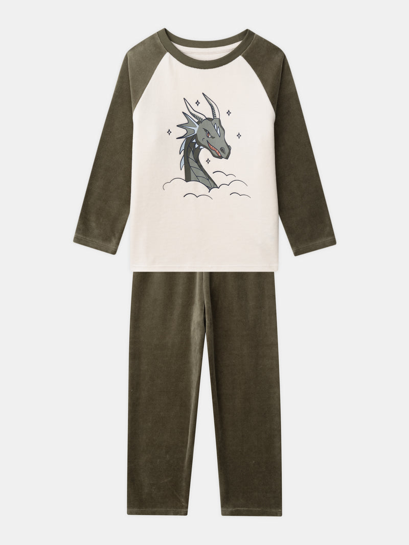 Ecru und olivgrüne Samt Pyjama mit dragonbedruckt für Jungen