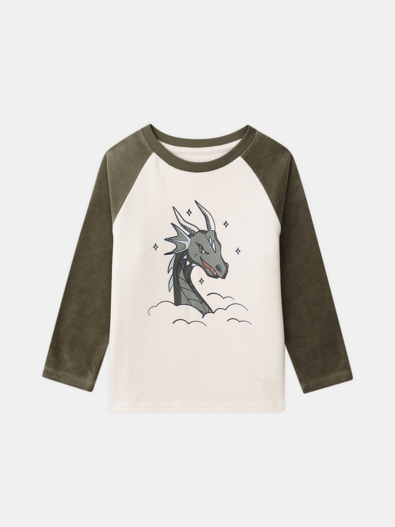 Ecru und olivgrüne Samt Pyjama mit dragonbedruckt für Jungen