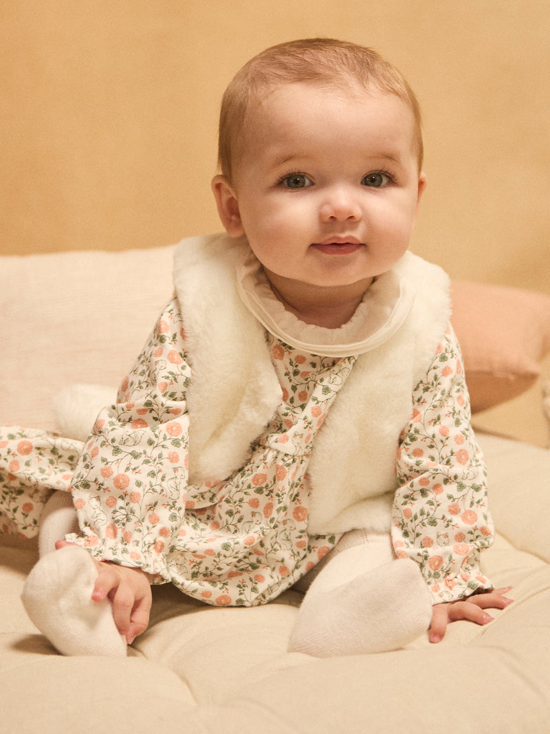 Set Kleid mit Blumenmuster + Weste + Strumpfhose für Mädchen