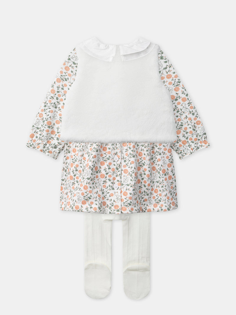 Set Kleid mit Blumenmuster + Weste + Strumpfhose für Mädchen