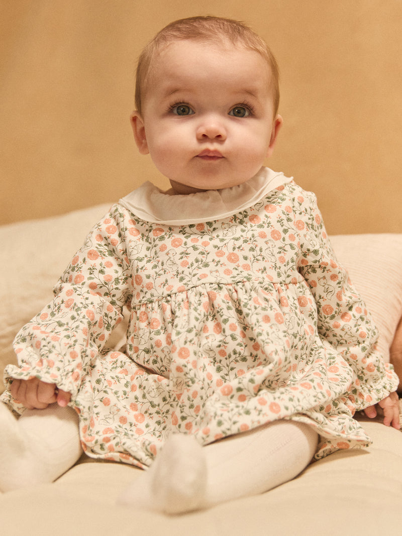 Set Kleid mit Blumenmuster + Weste + Strumpfhose für Mädchen