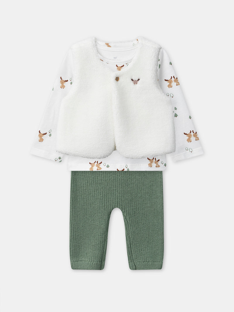 Ensemble t-shirt imprimé cerf + gilet + pantalon Naissance Garçon