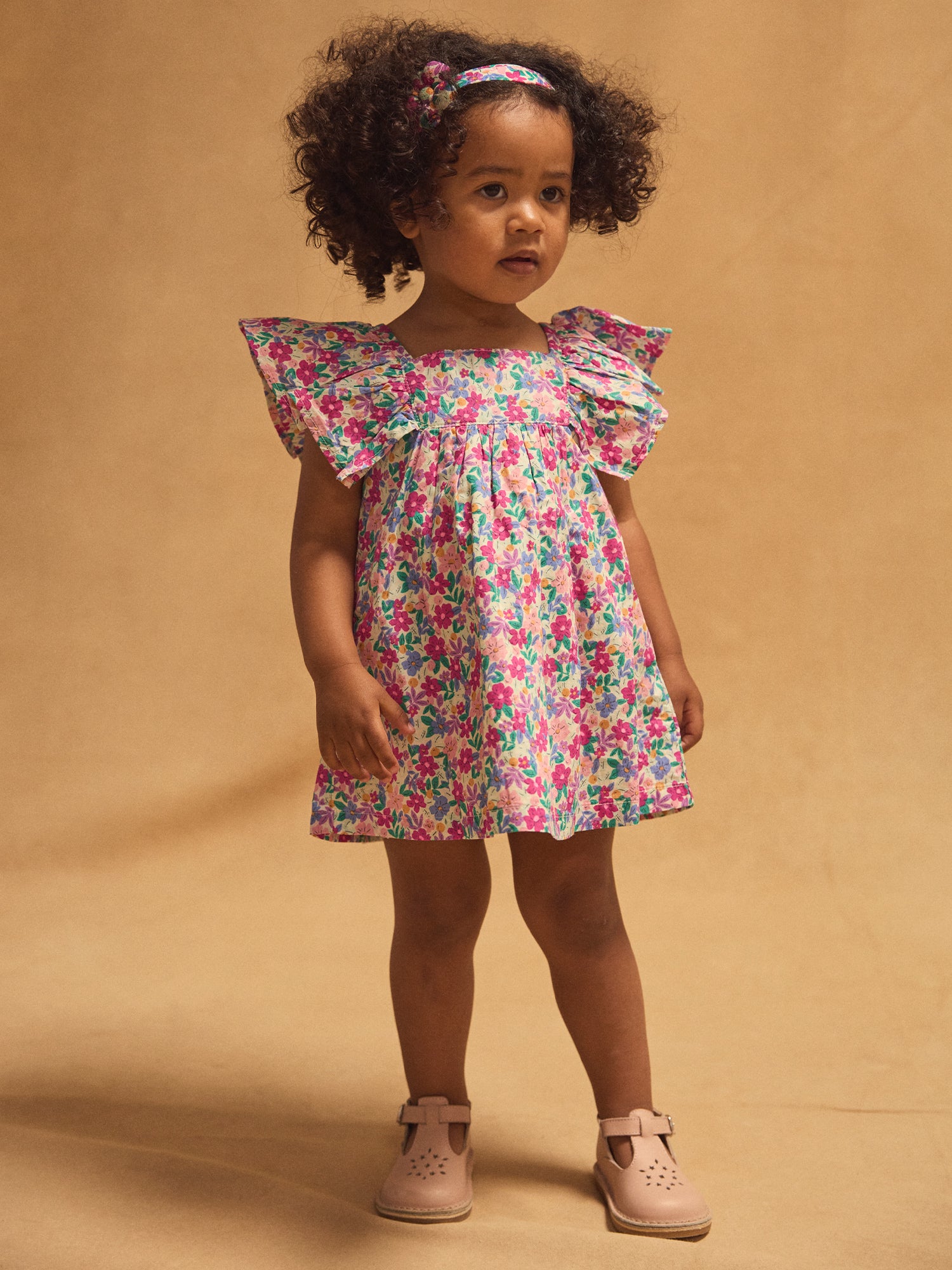 Floral Print Dress and Bloomer with Ruffled Sleeves for Baby Girls