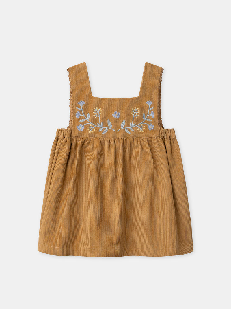 Braun Velours Kleid mit Blumenstickereien für Mädchen