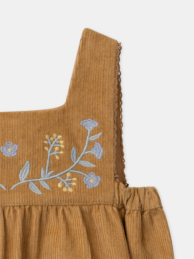 Braun Velours Kleid mit Blumenstickereien für Mädchen
