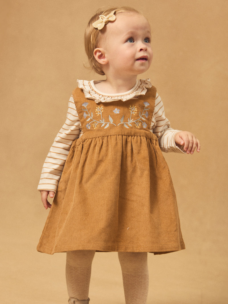 Braun Velours Kleid mit Blumenstickereien für Mädchen