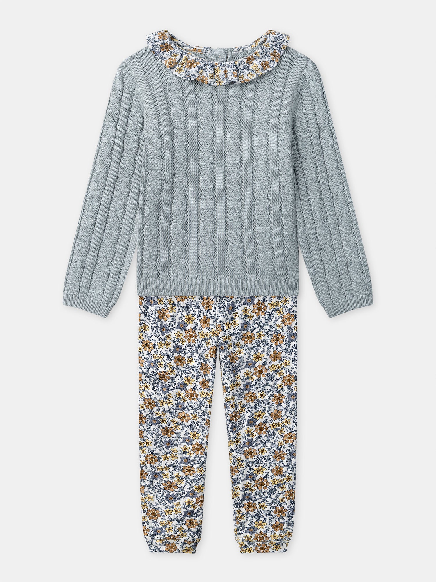 Ensemble pull bleu grisé et legging imprimé fleuri Bébé Fille