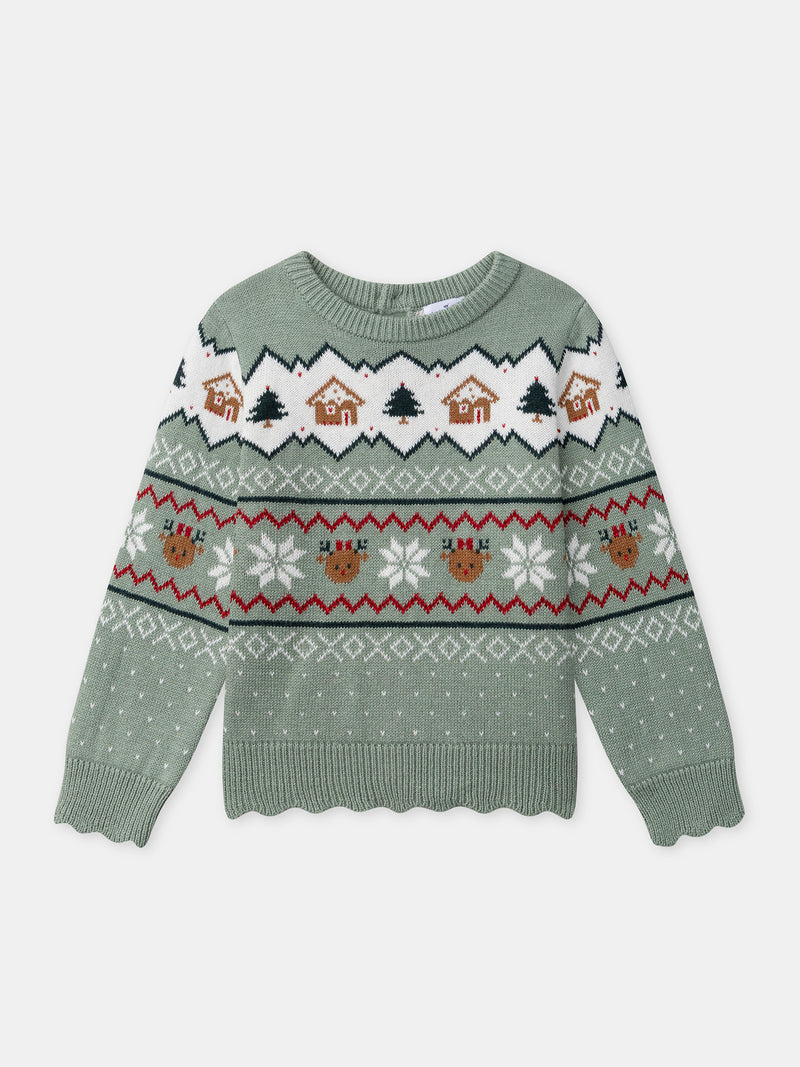 Pull de noël vert sauge Fille